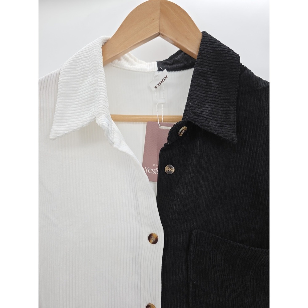 NWT Oversized Color Block Ribbed Button Front Shirt L Long Sleeve Black White - Picture 4 of 13